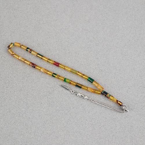 Ate� Kehribar Alpaka P�sk�ll� Kesme Kesim 4x7mm Tesbih- Sar�-Ye�il