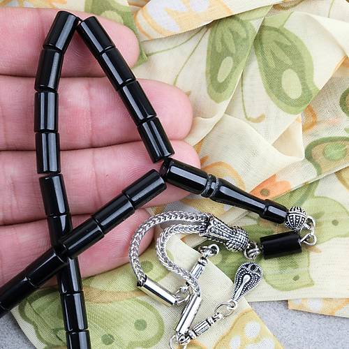 S�kma Kehribar Kesme Kesim Alpaka P�sk�ll� 6x10mm Tesbih Siyah