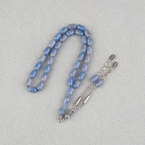 S�kma Kehribar Kaps�l Kesim Alpaka P�sk�ll� 7x11mm Tesbih G�k Mavisi