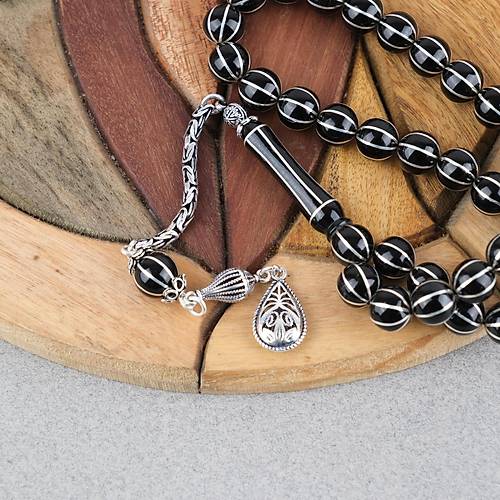 Erzurum Oltu 925Ayar G�m�� 8li Karpuz Yarma Usta ��i �mzal� K�re Kesim 8.5mm Tesbih