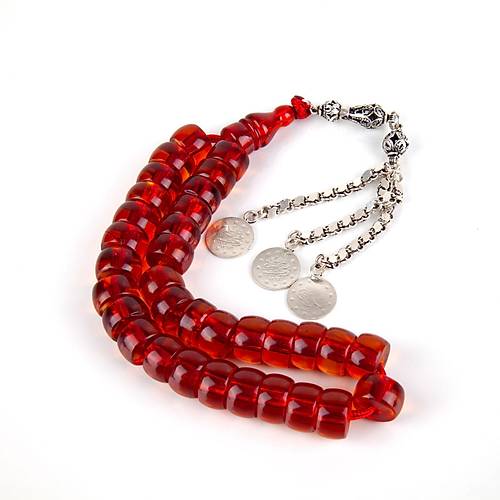 Osmanl Ate Kehribar 1900'ler Dnem i 925 Ayar Gm Pskl F Kesim 14x8mm Tesbih