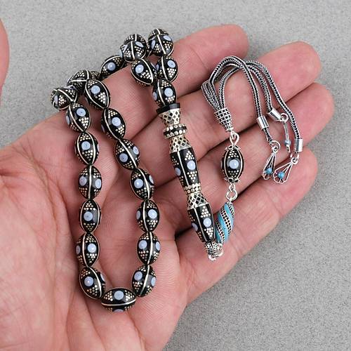 Erzurum Oltu 925Ayar Gm Katalin lemeli Nakka mame Beyzi Kesim 8x11mm Tesbih - Ak Mavi