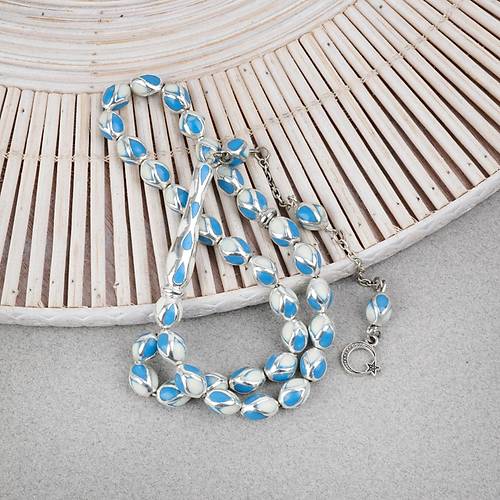 G�m�� Kaplama Kafesli Mine Beyzi 7x9mm Tesbih - Mavi Beyaz