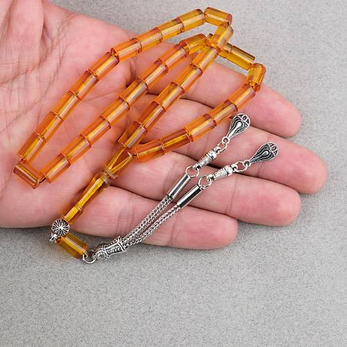 Ate� Kehribar Kesme Kesim Alpaka P�sk�ll� 6x10mm Tesbih