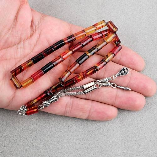 S�kma Kehribar Kesme Kesim Alpaka P�sk�ll� 6x10mm Tesbih