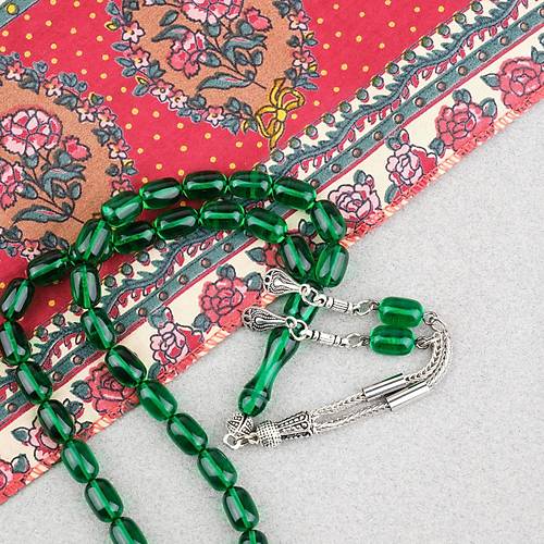 Ate� Kehribar Kaps�l Kesim Alpaka P�sk�ll� 7x11mm Tesbih Ye�il