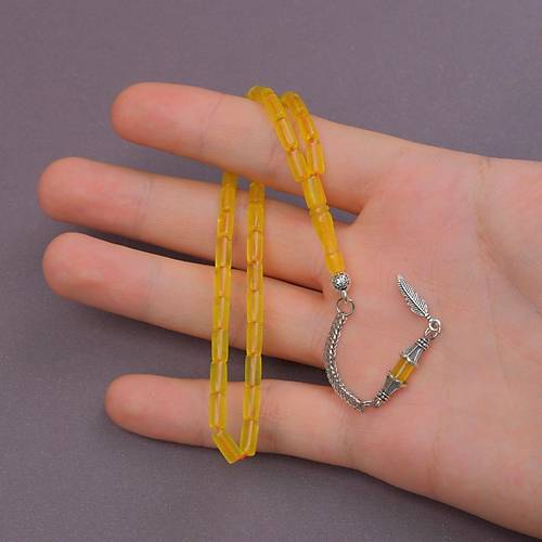 U�ak Cam� Kesme Kesim Alpaka P�sk�ll� 4x8mm Tesbih - �effaf Sar�