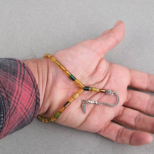 Ate� Kehribar Alpaka P�sk�ll� Kesme Kesim 4x7mm Tesbih- Sar�-Ye�il