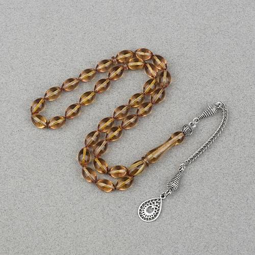 Ate� Kehribar Alpaka P�sk�ll� Beyzi Kesim 7x11mm Tesbih- A��k Sar�