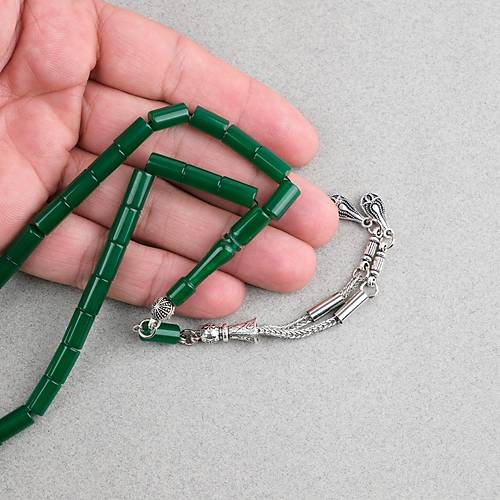 S�kma Kehribar Kesme Kesim Alpaka P�sk�ll� 6x10mm Tesbih Ye�il