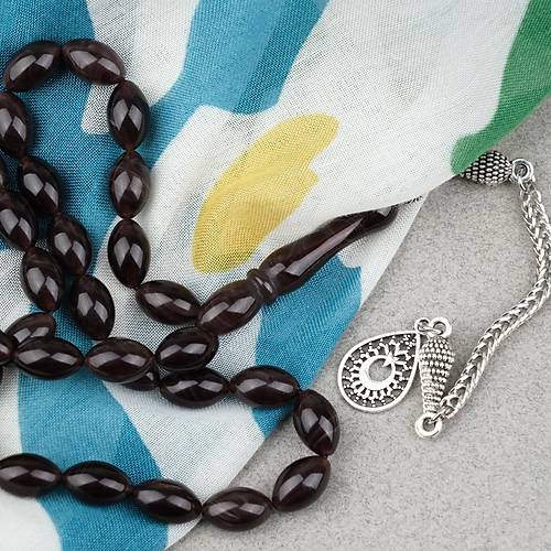 S�kma Kehribar Alpaka P�sk�ll� Beyzi Kesim 7x11mm Tesbih- Kahverengi