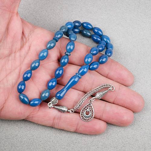 S�kma Kehribar Alpaka P�sk�ll� Beyzi Kesim 7x11mm Tesbih- Petrol Mavisi