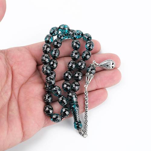 Ate Kehribar 925Ayar Gm akm ve Gm Pskl Beyzi Kesim 8x10mm Tesbih -Yeil