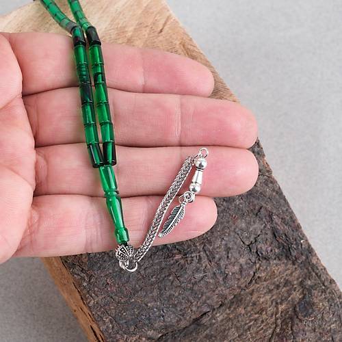 Ate� Kehribar Alpaka P�sk�ll� Kesme Kesim 4x7mm Tesbih- Ye�il