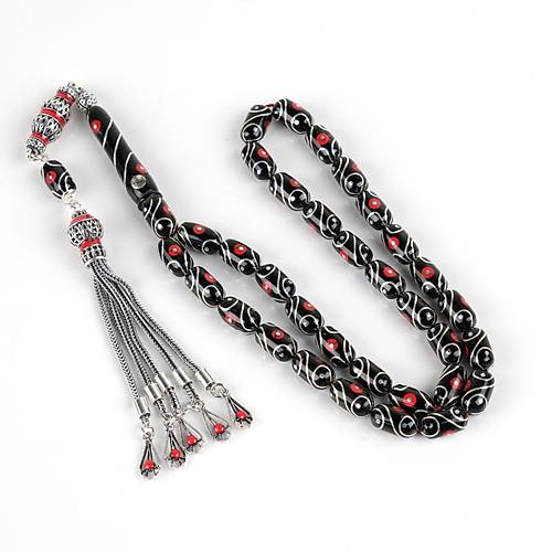 Erzurum Oltu 925Ayar Gm Pskl Mercan ve Gzya lemeli Kapsl Kesim 6x11mm Tesbih - Yusuf Akansel Usta El ii
