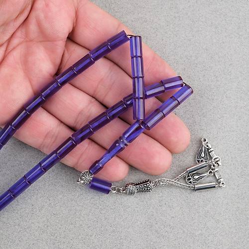 S�kma Kehribar Kesme Kesim Alpaka P�sk�ll� 6x10mm Tesbih Koyu Mavi