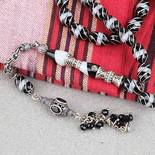 Erzurum Oltu 925Ayar G�m�� ��leme ve P�sk�l �e�mib�lb�l Nakka� �mame Kaps�l Kesim 8x12mm Tesbih