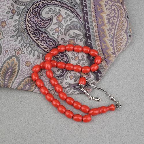 S�kma Kehribar Alpaka P�sk�ll� Beyzi Kesim 9x11mm Tesbih - Turuncu