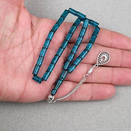 S�kma Kehribar Bilek Boy Alpaka P�sk�ll� Kesme Kesim 5x9mm Tesbih -Koyu Ye�il