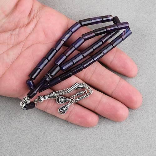 S�kma Kehribar Kesme Kesim Alpaka P�sk�ll� 6x10mm Tesbih Mor