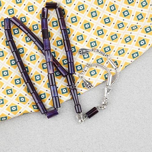 S�kma Kehribar Kesme Kesim Alpaka P�sk�ll� 6x10mm Tesbih Mor