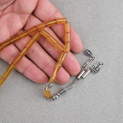 S�kma Kehribar Kesme Kesim Alpaka P�sk�ll� 6x10mm Tesbih