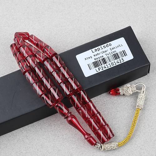 Ate� Kehribar �ak�ml� Kazas P�sk�ll� Kesme Kesim 7x11mm Tesbih