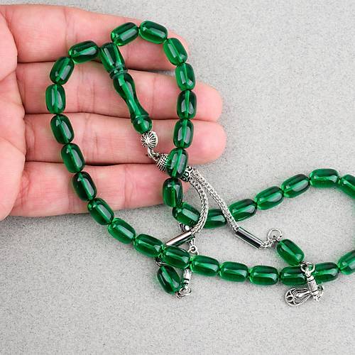 Ate� Kehribar Kaps�l Kesim Alpaka P�sk�ll� 7x11mm Tesbih Ye�il