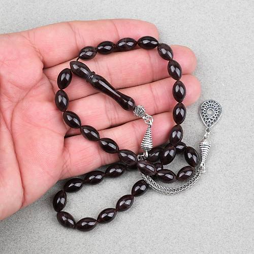 S�kma Kehribar Alpaka P�sk�ll� Beyzi Kesim 7x11mm Tesbih- Kahverengi