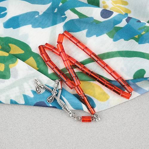 S�kma Kehribar Kesme Kesim Alpaka P�sk�ll� 6x10mm Tesbih Turuncu