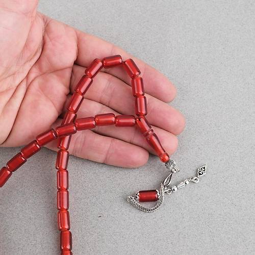 Ate� Kehribar Alpaka P�sk�ll� Kaps�l Kesim 7x12mm Tesbih - �effaf Bordo