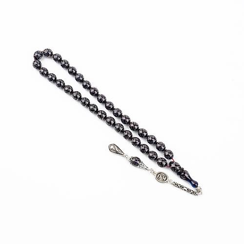Ate Kehribar 925Ayar Gm akm ve Gm Pskl Bilek Boy Kre Kesim 7x8mm Tesbih - Mavi