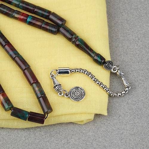 S�kma Kehribar Alpaka P�sk�ll� Kesme Kesim 6x10mm Tesbih - Ye�il K�rm�z�