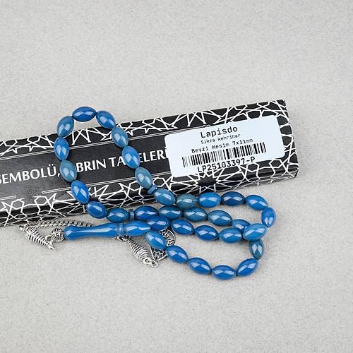 S�kma Kehribar Alpaka P�sk�ll� Beyzi Kesim 7x11mm Tesbih- Petrol Mavisi