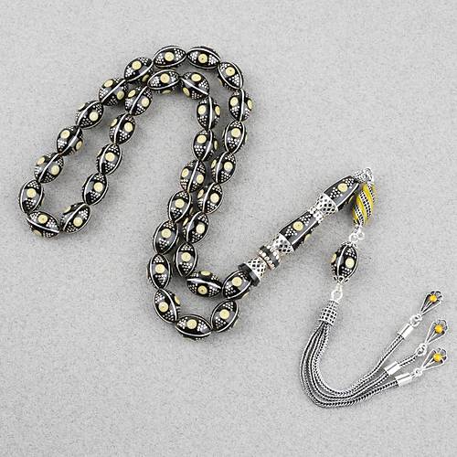 Erzurum Oltu 925Ayar Gm Katalin lemeli Nakka mame Beyzi Kesim 8x11mm Tesbih -Bej