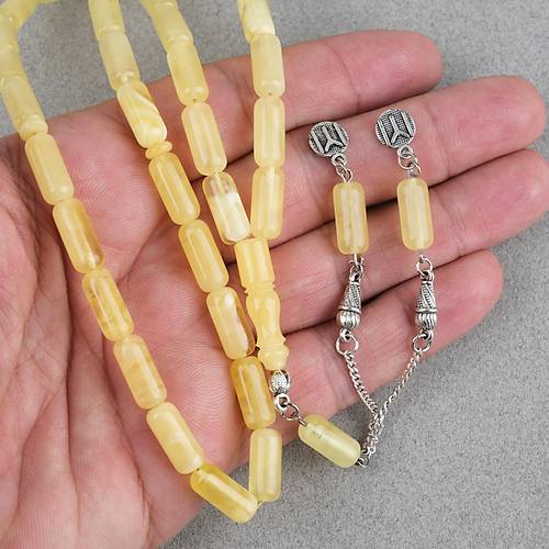 Rus Kaya Damla Kehribar 925Ayar G�m�� P�sk�l Arpa Kesim Kesim 6x14mm Tesbih