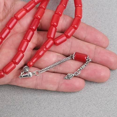 S�kma Kehribar Alpaka P�sk�ll� Kaps�l Kesim 7x12mm Tesbih - Mat K�rm�z�