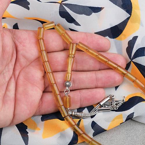 S�kma Kehribar Kesme Kesim Alpaka P�sk�ll� 6x10mm Tesbih