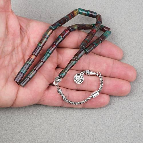 S�kma Kehribar Alpaka P�sk�ll� Kesme Kesim 6x10mm Tesbih - Ye�il K�rm�z�