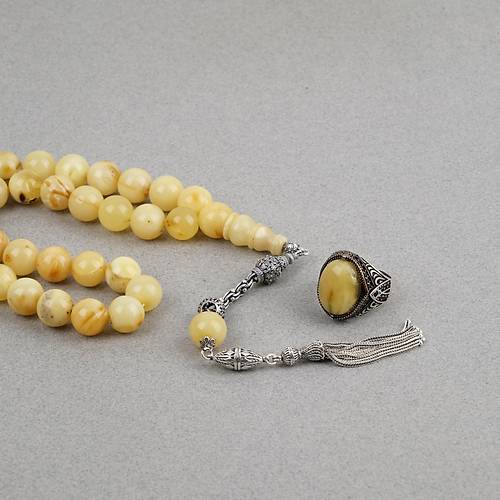 Kaya Damla Kehribar  925 Ayar G�m�� P�sk�l K�re Kesim 13mm Tesbih ve G�m�� Kehribar Y�z�k Seti