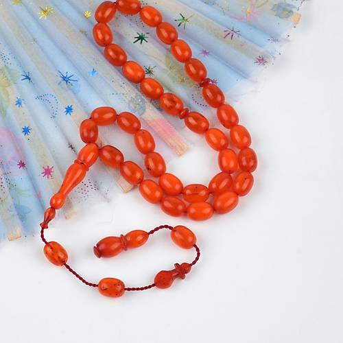 Skma Kehribar Usta i mzal Beyzi Kesim 7x9.5mm Tesbih - Turuncu