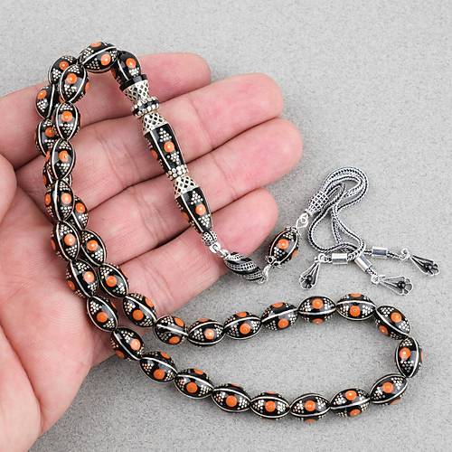 Erzurum Oltu 925Ayar Gm Katalin lemeli Nakka mame Beyzi Kesim 8x11mm Tesbih -Turuncu