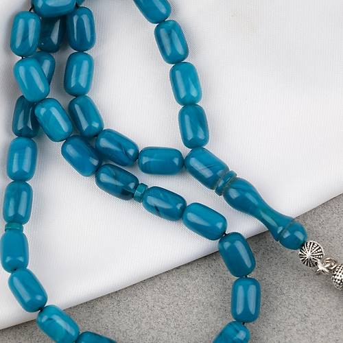 S�kma Kehribar Kaps�l Kesim Alpaka P�sk�ll� 7x11mm Tesbih Turkuaz Ye�ili
