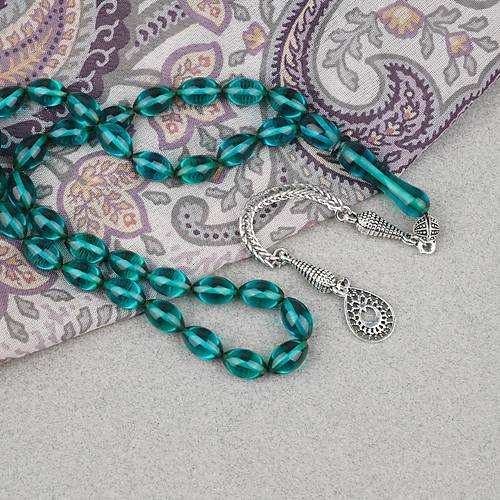 Ate� Kehribar Alpaka P�sk�ll� Beyzi Kesim 7x11mm Tesbih- �effaf Ye�il