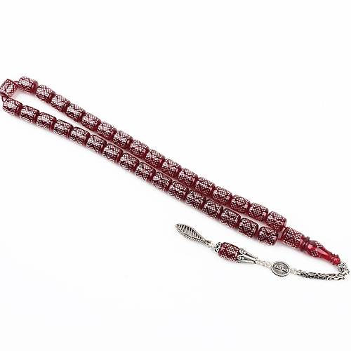 Ate Kehribar 925Ayar Gm akm ve Gm Pskl Kapsl Kesim 8x10mm Tesbih - Krmz