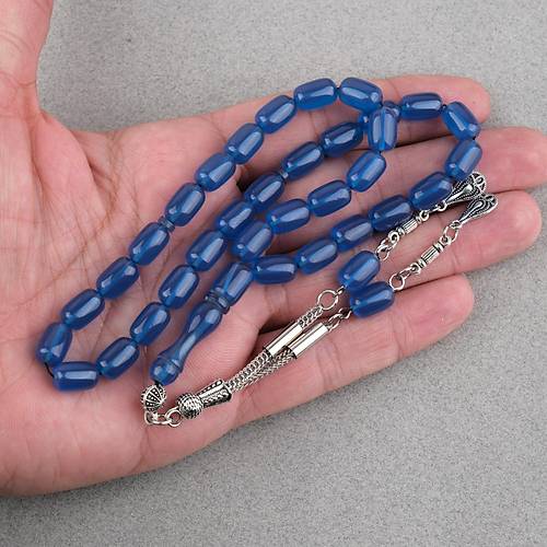 S�kma Kehribar Kaps�l Kesim Alpaka P�sk�ll� 7x11mm Tesbih Mavi