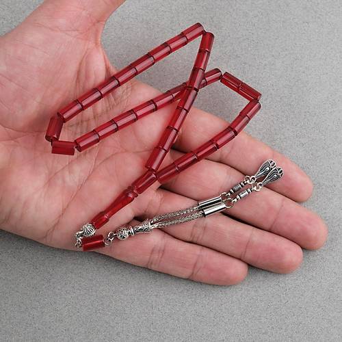 Ate� Kehribar Kesme Kesim Alpaka P�sk�ll� 6x10mm Tesbih K�rm�z�