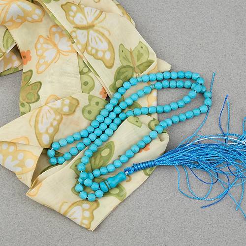 Firuze Ta�� Elmas Kesim �p P�sk�ll� 99'luk 5.5x6mm Tesbih- Turkuaz