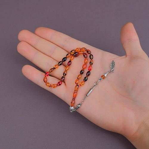 Ate� Kehribar Beyzi Kesim Bilek Boy 5x8mm Tesbih Alpaka P�sk�ll� Sar� K�rm�z�
