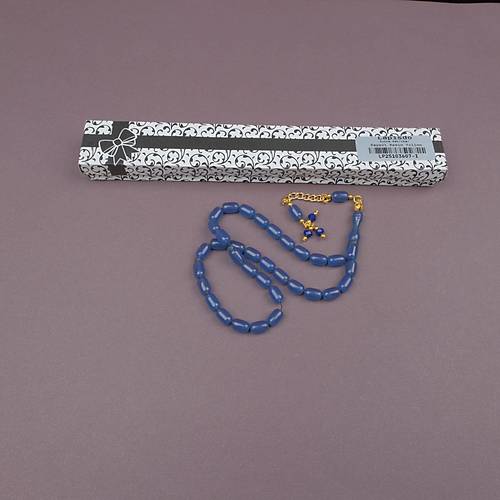 S�kma Kehribar Kaps�l Kesim Alt�n Renk P�sk�ll� 7x11mm Tesbih Mavi
